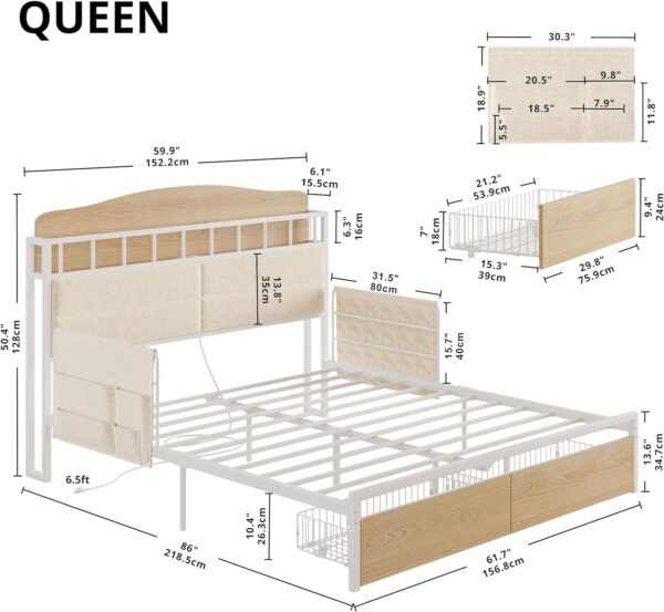 LIKIMIO Queen Bed Frame with Guardrail & Bedside Caddy, Multifunctional Headboard with Charging Station, Durable Metal Platform Bed, Noise-Free, No Box Spring Needed, White