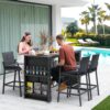 NICESOUL 5 Pieces Patio Dining Set, Outdoor Rattan Patio Bar Set, Long Rectangular Counter Height Table with Cushioned Chairs, Modern Luxury Wicker Table and Seating Set for Garden Poolside, Gray
