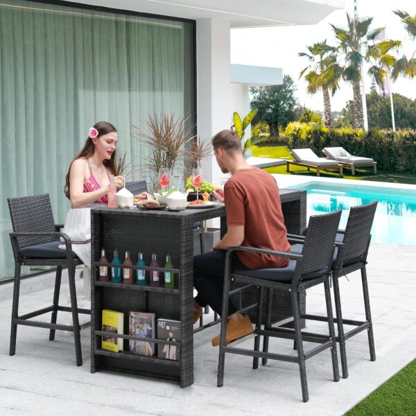 NICESOUL 5 Pieces Patio Dining Set, Outdoor Rattan Patio Bar Set, Long Rectangular Counter Height Table with Cushioned Chairs, Modern Luxury Wicker Table and Seating Set for Garden Poolside, Gray