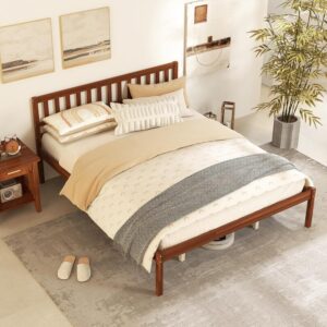 KOMFOTT Queen Size Wood Platform Bed Frame with Headboard, 16-Inch Mid-Century Wooden Bed Frame with Slats Support & 12” Under Bed Storage Space, Retro Mattress Foundation, No Box Spring Needed