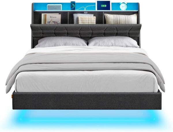 VASAGLE Queen Size Floating Bed Frame with LED Lights, Queen Bed Frame with Charging Station, Tufted Storage Headboard, Upholstered Platform Bed Frame, No Box Spring Needed, Dark Gray URMB851G71