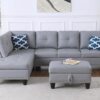 3 Piece Modular Sectional Sofa with Right Chaise, L-Shaped Nailhead Decor Faux Leather Upholstered 5 Seater Corner Sofa&Couch with Cupholders and Storage Ottoman for Home/Apartment/Office Living Room