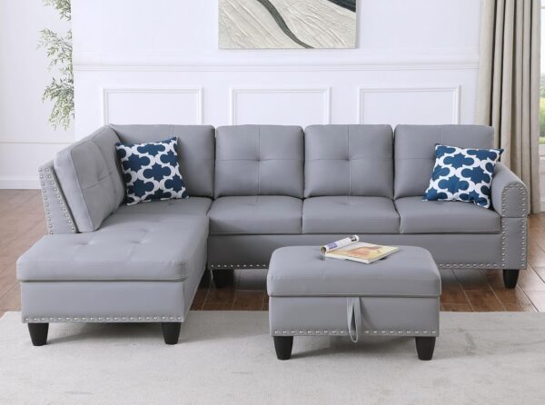 3 Piece Modular Sectional Sofa with Right Chaise, L-Shaped Nailhead Decor Faux Leather Upholstered 5 Seater Corner Sofa&Couch with Cupholders and Storage Ottoman for Home/Apartment/Office Living Room