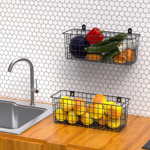 MaraFansie Extra Large Hanging Wall Basket 4-Pack Wall Mounted Wire Basket Cabinet Storage Bin Organizer Wall Shelves Farmhouse Decor for Home Kitchen Bathroom, Black