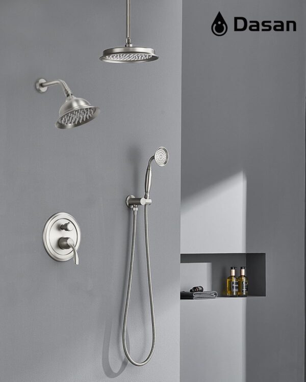DASAN Antique Dual Shower Head Faucet Set, Brushed Nickel Dual Rain Shower Head System Complete Double Head Shower Fixture Combo, 9'' & 6'' Dual Rainfall Overhead Shower with Handheld, Valve & Trim