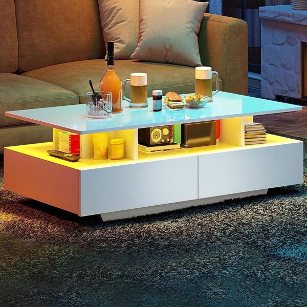 YITAHOME LED Coffee Tables for Living Room, High Glossy Coffee Table with Storage 4 Sliding Drawers, Small Rectangular LED Coffee Table Center Table with Open Display Shelf, Glossy White