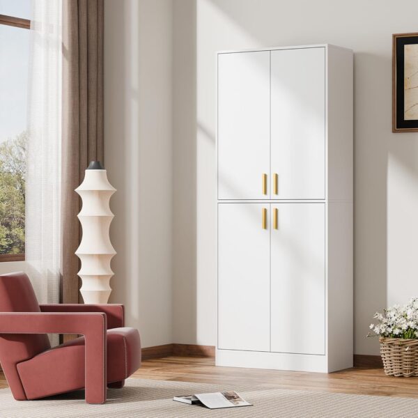 Cozy Castle Kitchen Pantry Cabinet, 71" Tall Wood Storage Cabinet with Doors and Shelves 4 Doors Freestanding Cupboard Utility Hutch for Dining Room Living Room Bathroom Furniture, White