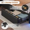 Queen Bed Frame with 4 Drawers & Hidden Storage Headboard, LED Bed Frame Queen Size with Charging Station, Upholstered Bed with Metal Slats, No Box Spring Needed, Black PU