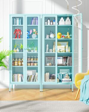 Greenvelly Metal Glass Display Cabinet with Storage Shelves, Tall Cabinet with Glass Doors and Shelves, Blue Steel Cabinet Collectibles Display Case for Home Office, Living Room, Pantry