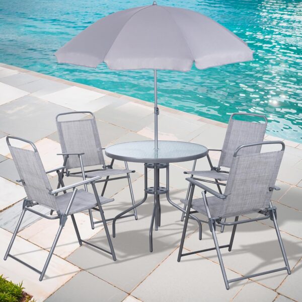 81RH6hYWg5L._AC_SL1500_.jpg Shintenchi 6 Piece Patio Dining Set with Umbrella, Outdoor Furniture Set with 4 Folding Chairs and Tempered Glass Top Dining Table fot Lawn Backyard Garden Porch Silver