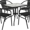 Flash Furniture 5-Piece 28" Square Indoor/Outdoor Patio Table and Chairs Set, Dining Set with Glass Metal Bistro Table, 4 Stack Rattan Chairs, Black