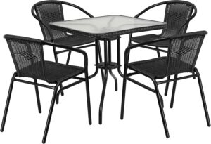 Flash Furniture 5-Piece 28" Square Indoor/Outdoor Patio Table and Chairs Set, Dining Set with Glass Metal Bistro Table, 4 Stack Rattan Chairs, Black