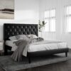 SHA CERLIN Queen Size Platform Bed Frame with Button Tufted Headboard, Faux Leather Upholstered Mattress Foundation, Wooden Slat Support, No Box Spring Needed, Black