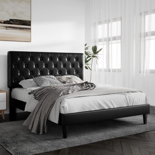 SHA CERLIN Queen Size Platform Bed Frame with Button Tufted Headboard, Faux Leather Upholstered Mattress Foundation, Wooden Slat Support, No Box Spring Needed, Black