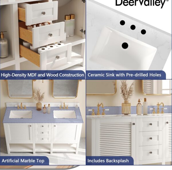 Deer Valley 60'' Bathroom Vanity with Double Sink Top, Pre-Assembled Modern Wood Bathroom Cabinet Sink Combo with Backsplash, Soft Closing Doors, Multifunctional Storage Space Vanity (White)
