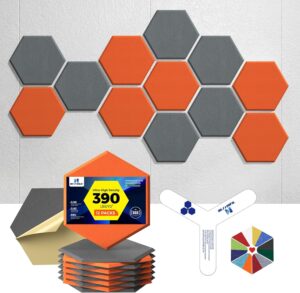 Self-Adhesive Acoustic Panels [390 lbs/yd³ Ultra-High Density], 2nd Generation Sound Absorbing Panel, Professional Level Sound Panel, Polyester Soundproof Foam [Size L, Orange & Moon Grey]