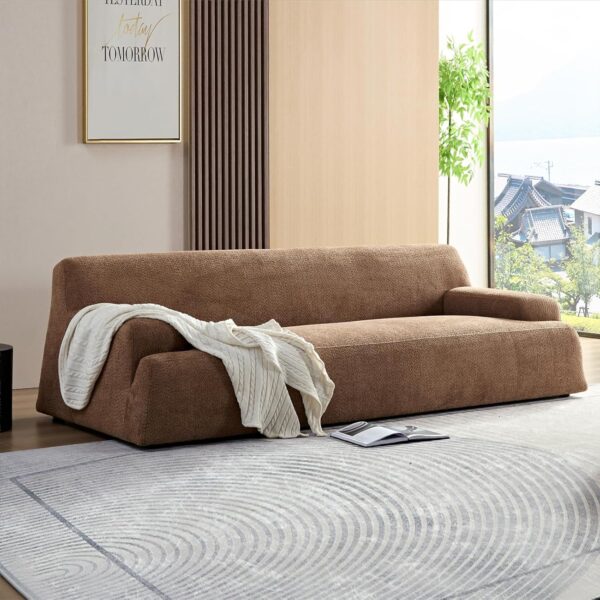 90" Modern Teddy Sofa Couch, 3-Seater Upholstery Boucle Sofa, Deep Seat Monoblock Sofas Luxury Minimalist Couch with Square Wide Arm Comfy for Living Room, Bedroom, Office (Camel)