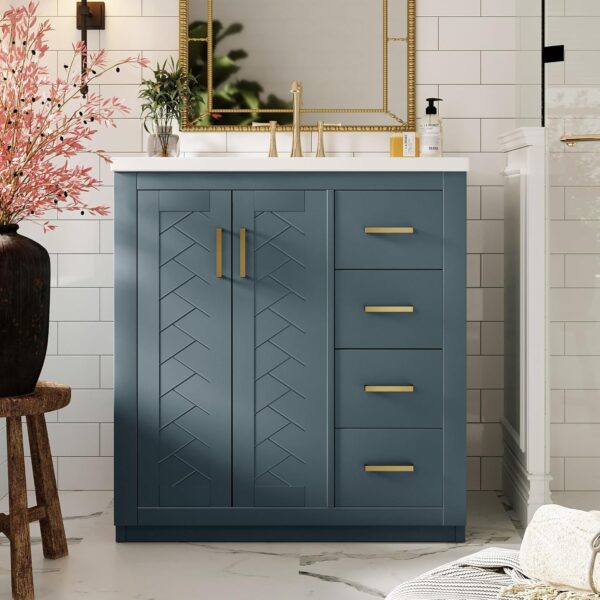 30 Inch Bathroom Vanity with Ceramic Sink, Traditional Bathroom Storage Cabinet with 3 Drawers and 2 Chevron Front Doors, Solid Wood Frame Bathroom Vanities