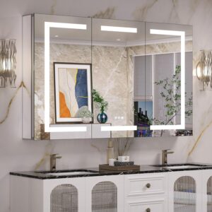 Keonjinn 48 x 32 Inch Lighted Medicine Cabinet for Bathroom with Outlets, Anti-Fog Lighted Medicine Cabinet with Mirror 3 Colors Dimmable, Tempered Glass 2-Side Front Lit Bathroom Mirror with Storage