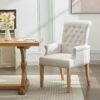 Fabric Dining Chair with Arms, Upholstered Tufted High Back Dining Room Chairs, Accent Armchair with Solid Wood Leg and Nailhead Trim, Kitchen Dining Living Room, Beige