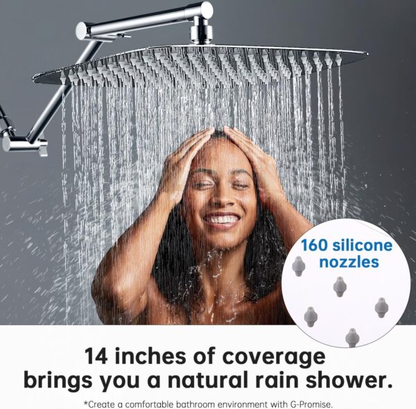 G-Promise All Metal 14 Inch Rain Shower Head with 16 Inch Adjustable Extension Arm | High Pressure Rainfall Showerhead | Luxury Modern Look Rectangular Large Waterfall Showerhead (Chrome)