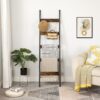HOOBRO Blanket Ladder, 5-Tier Towel Rack with Hooks, Wall-Leaning Blanket Rack, Decorative Display Ladder Shelf, Scarves, Industrial, Living Room, Bedroom, Rustic Brown and Black BF52CJ01