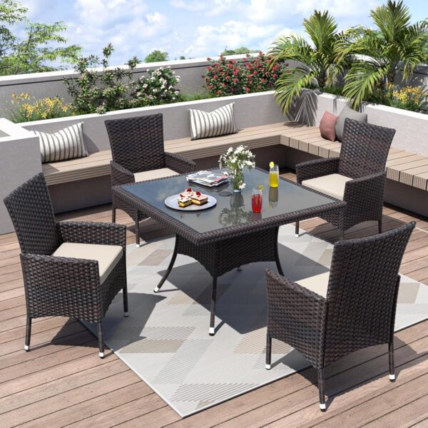 ALAULM 5 Piece Patio Dining Set All-Weather Wicker Outdoor Patio Furniture Set w/Tempered Glass Tabletop, Removable Cushions and Umbrella Hole for Patio, Backyard, Garden, Poolside（Brown）