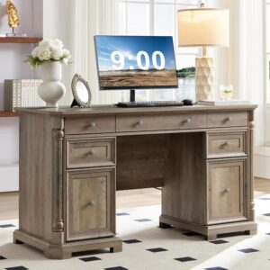 Yechen 55'' Wood Executive Desk with 7 Drawers - Farmhouse Home Office Desks with Power Outlet, Wooden Computer Desk with Roman Columns, Rustic Writing Table for Work & Study, Weathered Reclaimed Oak