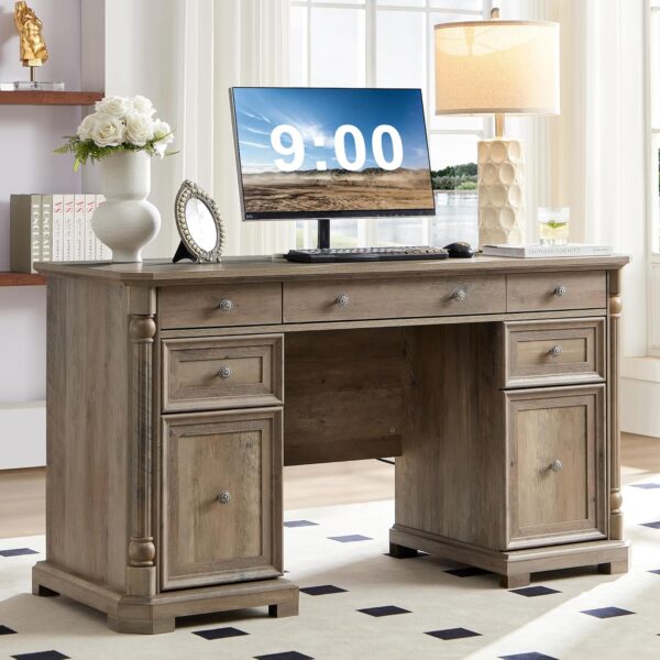 Yechen 55'' Wood Executive Desk with 7 Drawers - Farmhouse Home Office Desks with Power Outlet, Wooden Computer Desk with Roman Columns, Rustic Writing Table for Work & Study, Weathered Reclaimed Oak