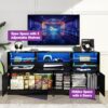 Black TV Stand for 65/75/80/85 Inch TVs with RGB LED Lights,32'' Tall Modern High Gloss Entertainment Center Cabinet Stands with Storage Shelves and Doors,TV Media Console Table for Living Room
