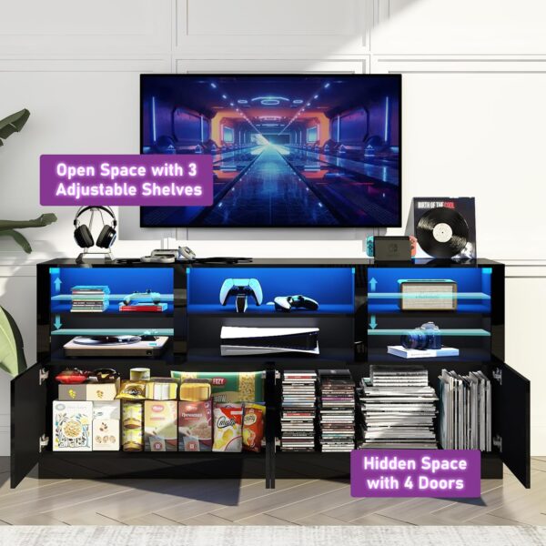 Black TV Stand for 65/75/80/85 Inch TVs with RGB LED Lights,32'' Tall Modern High Gloss Entertainment Center Cabinet Stands with Storage Shelves and Doors,TV Media Console Table for Living Room
