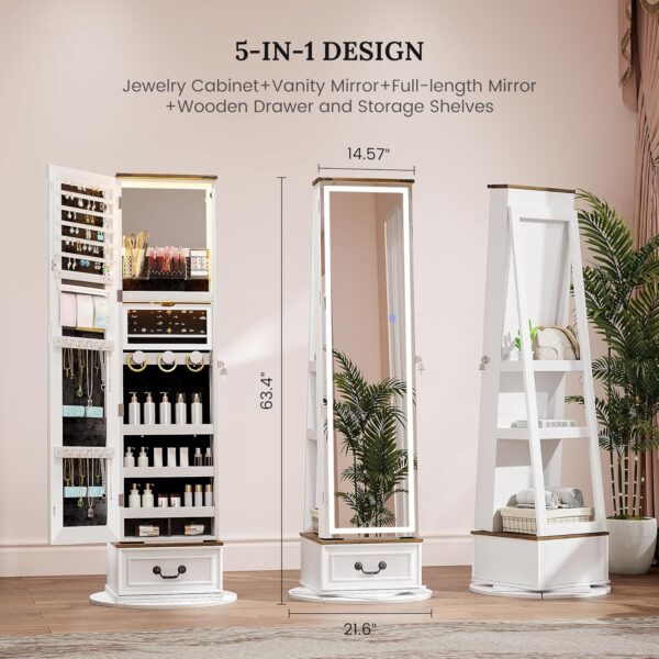 LVSOMT LED Mirror Jewelry Cabinet Standing, 360°Swivel Jewelry Armoire with Full Length Mirror, Mirror with Jewelry Storage and Large Wooden Drawer for Christmas Gifts (Farmhouse White)