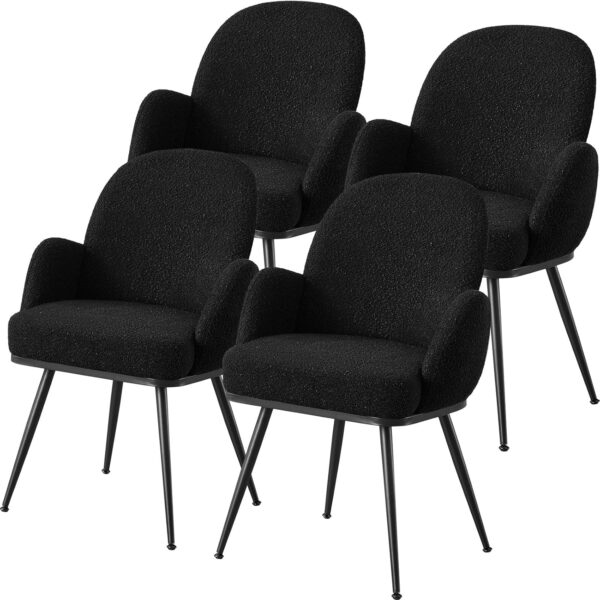 Black Dining Chairs Set of 4, Modern Dining Chairs with Arms and Sturdy Metal Legs, Boucle Fabric Upholstered Kitchen Dining Chairs for Dining Room, Living Room, Bedroom