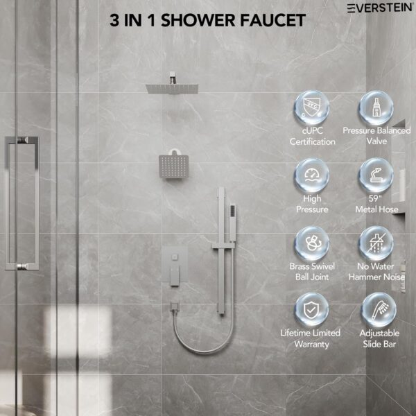 10" High-Pressure Rainfall Shower Faucet with Handheld Spray, Wall Mount Dual Shower Head System with Slide Bar (Brushed Nickel)
