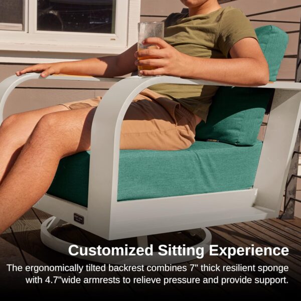 EAST OAK Signature 3 Pieces Patio Furniture Set, Outdoor Furniture with Aluminum Frame and Teak Wood Armrest, Thick Outdoor Sofa and Coffee Table, Modern Patio Conversation Set, Champagne Gold & Green