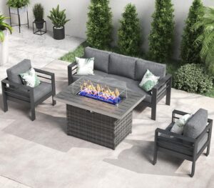 LayinSun Aluminum Furniture Set with Fire Pit Table, 4 Pieces Patio Sectional Conversation Chat Sofa Modern Seating Set