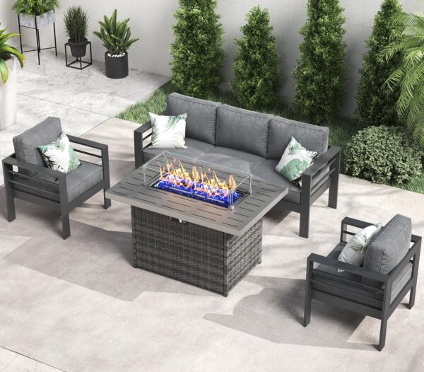 LayinSun Aluminum Furniture Set with Fire Pit Table, 4 Pieces Patio Sectional Conversation Chat Sofa Modern Seating Set
