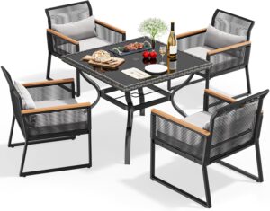 YITAHOME 5-Piece Outdoor Patio Furniture Dining Set, All-Weather Rattan Conversation Set with Wood Armrest, Soft Cushions and Glass Top Dining Table for Backyard Deck (Black+Light Gray)