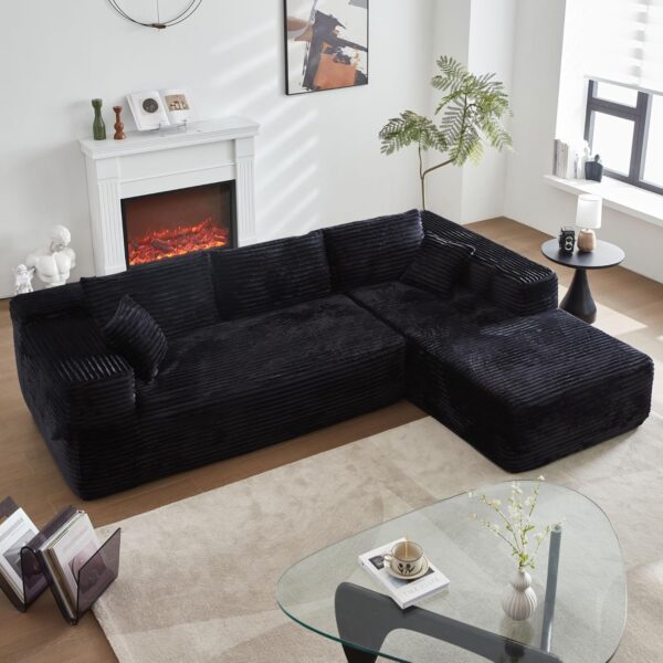 104" L-Shape Modular Sectional Sofa Couch - Comfy Upholstered Cloud Couches for Living Room - Modern Minimalist Couch,Deep Seat,No Assembly Required (Black,Plush Corduroy, Right Facing Chaise)