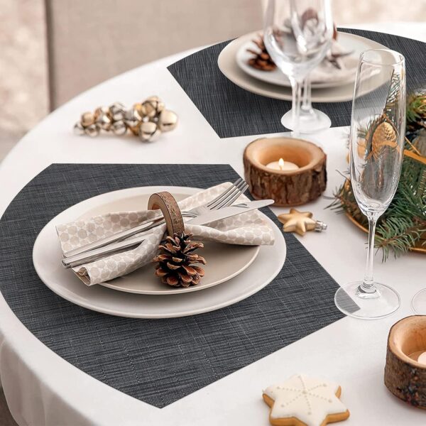 SHACOS Large Size Wedge Placemats with Centerpiece Round Mat Set of 5 Round Table Place Mats Washable Dining Table Placemats Reversible Durable, Black Gray