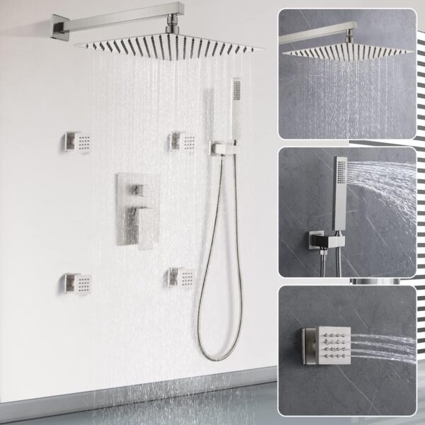 Enga Full Body Shower System with Body Sprays Jets, 12 Inch Rain Shower Wall Mounted, All Metal Multiple Shower Head System, Contain Rough-in Shower Valve, Brushed Nickel