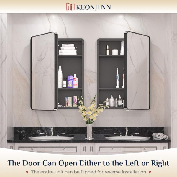 Keonjinn 20 x 32 Inch Black Mirrored Medicine Cabinet, Recessed Medicine Cabinets for Bathroom, Gloss Black Stainless Steel Framed, Adjustable Shelves, In Wall or Surface Mount, Sturdy & Heavy, Modern