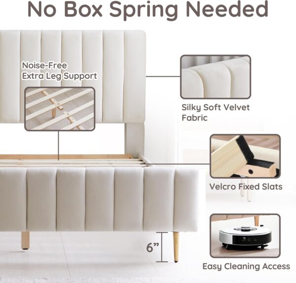 Livinia Queen Size Elton Velvet Platform Bed, Upholstered Bed Frame with Vertical Channel Tufted Headboard Footboard, Strong Wood Slats, No Box Spring Needed, Ivory (Queen)