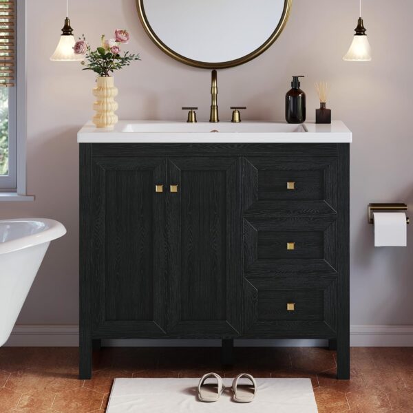 DWVO 36 Inch Bathroom Vanity with Sink Combo, Modern Bathroom Storage Cabinet with Resin Basin, Three Holes, 2 Doors & 3 Drawers, Black