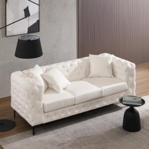 Morden Fort Button Tufted Faux Leather Modern Luxury Couch, 3 Seater Sofa with Deep Seats Couches for Living Room, Office, Apartment, White