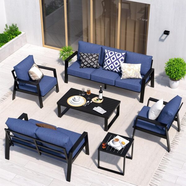 Aluminum Outdoor Loveseat, Oversized Patio Couch, Modern Sofa All Weather Metal Furniture Set with 5.5" Cushions, Blue