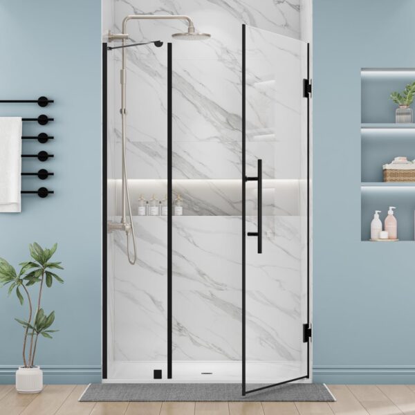 DELAVIN 40" W x 72" H Frameless Glass Shower Door, Hinged Single Swing Shower Door with Stainless Steel Hinges and Handle, Matte Black Shower Doors can be Installed Left and Right, Magnetic Closing