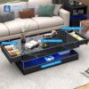 47inch Large High-Glossy LED Coffee Table with 2 Sliding Drawers, Living Room Storage Tables with Marbling Print, Modern Stylish Double-Layer Center Tables w/LED Lights, Black