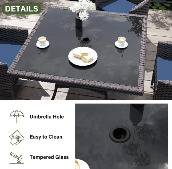 Kurapika 5-Piece Patio Furniture Outdoor Dining Set, Wicker Rattan Patio Dining Table and Chairs Set, Square Tempered Glass Tabletop with 4 Chair Set and Umbrella Hole, for Patio, Backyard, Navy Blue