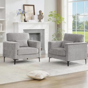 Oversized Accent Chairset of 2 with Metal Legs,Comfy Chenille Armchair and a Half,Modern Century Single Sofa Extra Large Reading Club Chair for Bedroom,Living Room,Apartment,Light Grey